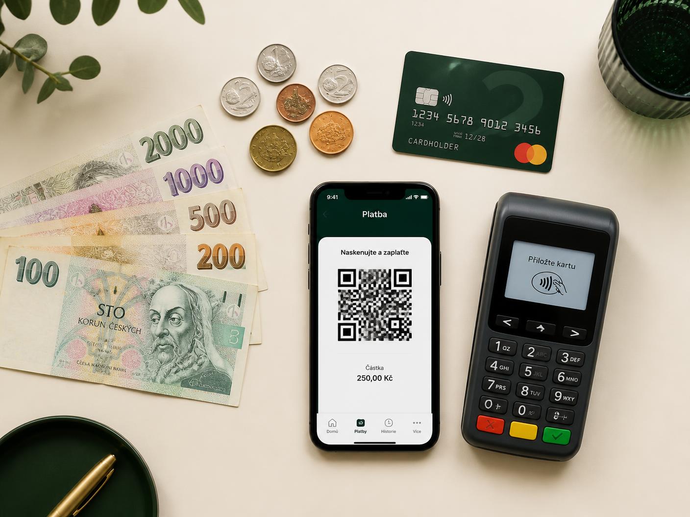 Hotovost, platební karta, QR platba v mobilu a platební terminál